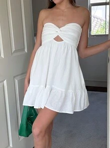 Women Twisted Tube Dress Ruched Boat Neck Cut-Out Backless Sleeveless Double Pockets Flowy Ruffled Dresses - 白色 - 查看 6