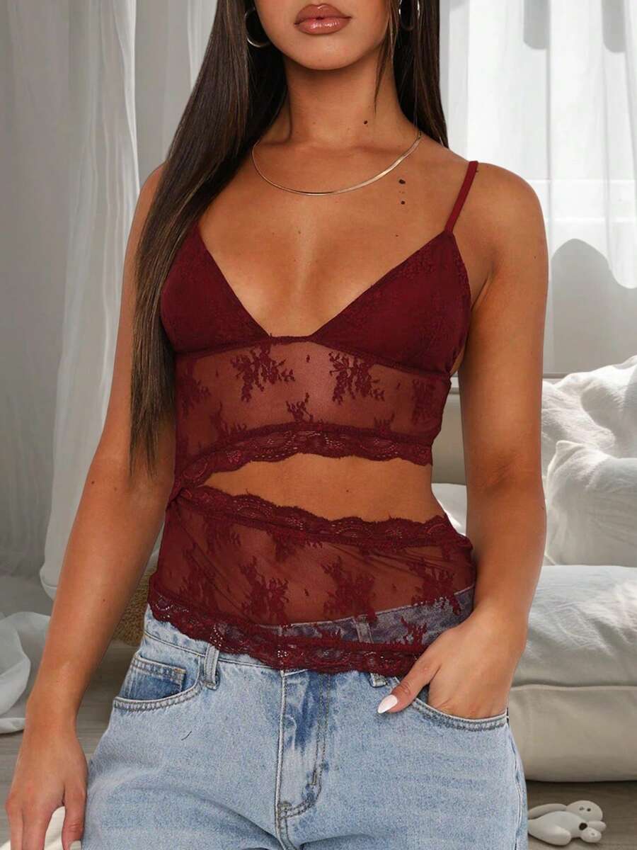 Women Y2k Lace Floral Cami Tops Sleeveless Spaghetti Strap V Neck Camisoles Sexy Backless Crop Tank Tops Slim Fit Vests Summer Going Out Tops Aesthetic Clothes Streetwear Clubwear - 紅色 - 查看 1