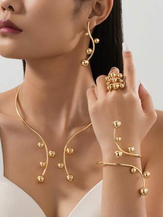 1 Set de joyería elegante de moda con líneas geométricas y cuentas doradas grandes y pequeñas que incluye collar, pulsera, anillo y aretes, para mujer, para usar en fiestas y como regalo