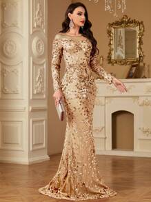 hezixi 优雅派对亮片鱼尾连衣裙，婚礼宾客礼服，正式礼服，晚礼服，春假长裙 - 香檳色 - 查看 4