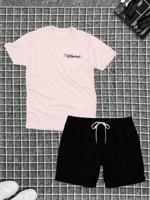 Cotton T-Shirt + Tectel Shorts Set For Men, Adult, New HL - 淺粉色 - 查看 2