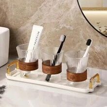 2pcs High-Quality Bamboo Wood Buckle Waist Wash Cup, Couple's Toothbrush Holder, Valentine's Day Gift - Transparent - View 4