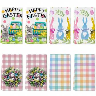2 件复活节快乐洗碗布、复活节格子花环兔子卡车厨房毛巾、季节性春季装饰手巾（用于擦干碗碟和烹饪）、农舍风格装饰