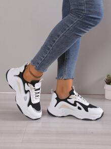 2025 Autumn Sneakers For Women New Round Toe Lace-Up Patchwork Color Block Fashionable Sport Shoes For Women, Thick Soles - Beige - View 5