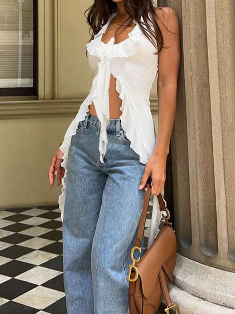 Women Spring/Summer Fashionable Simple Casual White Ruffle Tie-Neck Bow Knit Sweater - White - View 1