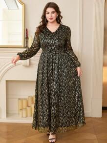 DEARCASE Plus Size Elegant Sparkle Twist Textured Long Sleeve Dress Spring - Black Gold - View 5