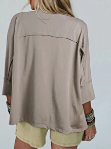 Boho Retro Vintage 60's Vibe Cream Cotton Raglan Lantern Bubble Puff  Sleeve  Floral Rib Patchwork Top Sweat Shirt Blouse - 中號格雷 - 查看 2
