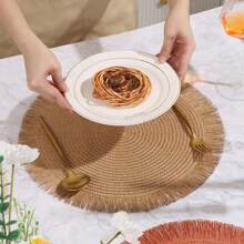 1 pezzo Sottopiatto rotondo intrecciato, tovaglietta in carta con nappe, sottopiatto antiscivolo fatto a mano resistente al calore, tappetino per tazze da tè, decorazione per tavolo da pranzo - Multicolore - Visualizzare 4