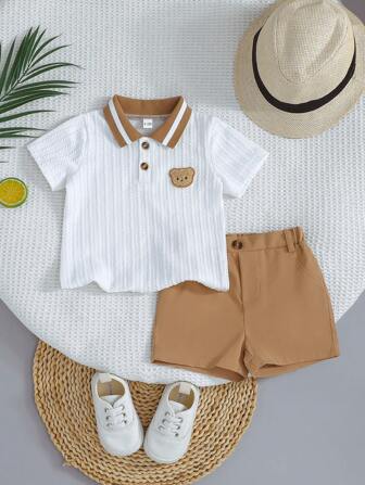 Set de 2 piezas con camisa tipo polo con oso bordado y pantalones cortos cómodos para bebé niño, elegante estilo británico