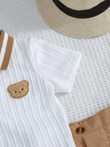 2 件套男婴刺绣熊 Polo 衫和舒适短裤套装，优雅英伦风格 - 卡其色 - 查看 6