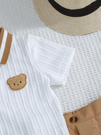 2pcs/Set Baby Boy Embroidered Bear Polo Shirt And Comfortable Shorts Suit, Elegant British Style