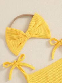 Newborn Girl Outfit, Sleeveless Flower Print Tulle Patchwork Romper Dress With Bowknot Hairband Summer Clothes - 黃色 - 查看 7