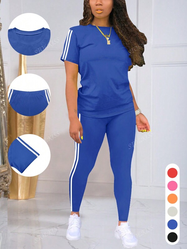 2 Pieces Striped Round Neck Short Sleeve Sports Top And Pants Set
