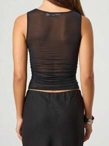 Women Sheer Mesh Top Long Sleeve Y2k See Through Crop Tee Shirt Ruched Cowl Neck Going Out Tops - 黑色 - 查看 4
