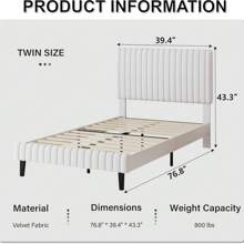 Estructura de cama individual/matrimonio/queen/king, estructura de cama de terciopelo, estructura de cama tapizada con cabecero y pie de cama acolchados con costuras verticales, disponible en rosa/verde/negro/azul/blanco - Blanco - Ver 7