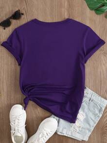 Spring/Summer Ladies Short Sleeve T-Shirt, Regular Ladies Apparel Smile Letter Printed Standard Size Short Sleeve T-Shirt, Ladies Round Neck Comfortable Casual Sports Short Sleeve T-Shirt, Ladies Dark Purple Top, Spring Clothing, Summer Top, Holiday Gift
