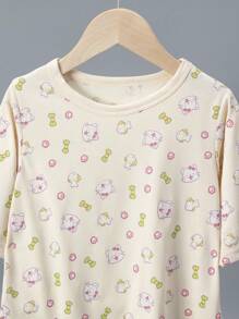 4pcs Girls Lightweight 3/4 Sleeve Pajama Set, Cartoon Cat & Rabbit Print Spring/Summer, Includes Short Sleeve Top & Capri Pants - Multicolor - View 7