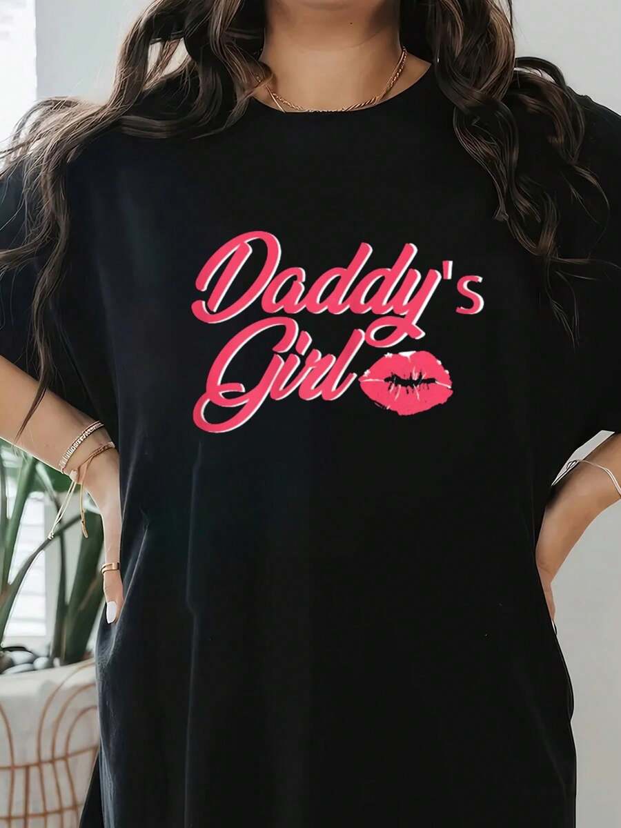 Daddy's Girl Adult  DDLG Kinky Dom Sub Couples Gift T-Shirt Print T-Shirt, Short Sleeve Round Neck Casual Top For Summer & Spring, Women's Clothing - 黑色 - 查看 1