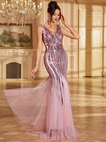 亮粉色亮片美人鱼薄纱派对礼服，女士合腰时尚优雅节日礼服，婚礼宾客礼服，正式礼服，晚礼服 - 粉色 - 查看 5