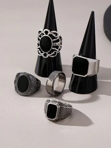 5pcs Vintage Silver Color Rings Set With Embedded Black Gemstones, Retro Elegant Hip-Hop Style, Suitable For Gifts And Daily Wear - Antique Silver - View 4