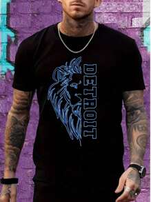1pc Detroit Lion Print Men'S Casual Cotton T-Shirt, Round Neck, Short Sleeve, Regular Fit, 220G - Comfortable All-Season Top For Casual Outings Tee For Adult, Men,