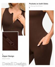 Popilush Shapewear Jumpsuit Workout Jumpsuits With Pockets Zip Up Jumpsuits For Women