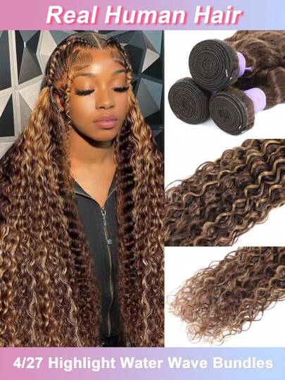 卷发 蜂蜜金色高光 4/27 人发束 巴西水波束 人发 32 英寸 处女发编织束 渐变波浪 4/27 女士彩色人发