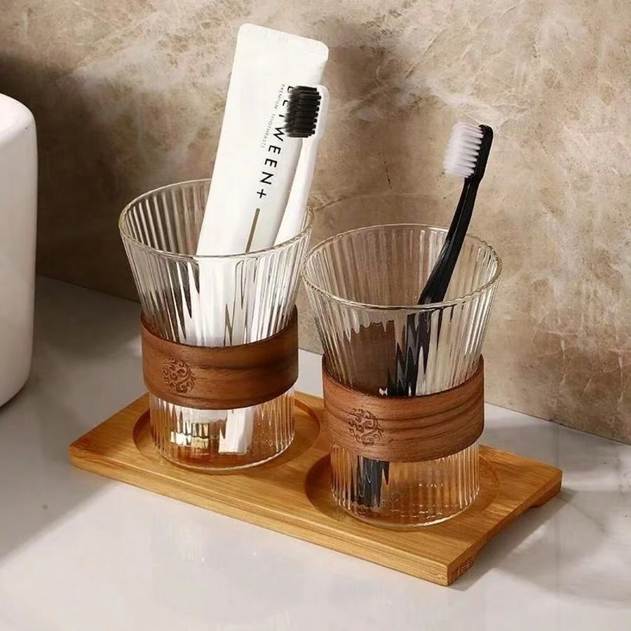 2pcs High-Quality Bamboo Wood Buckle Waist Wash Cup, Couple's Toothbrush Holder, Valentine's Day Gift - Transparent - View 1