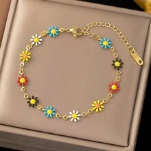 1pc Women Stainless Steel Colorful Daisy Flower Chain Bracelet, Fashion Everyday Versatile - Multicolor - View 13