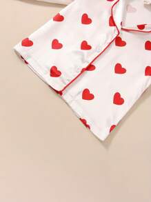 Kids Toddler Baby Girl Valentine's Day Pajamas Set, Heart Print Lapel Button Silk Pajamas 2 Piece Satin Pjs Sleepwear Outfit - 紅色 - 查看 7