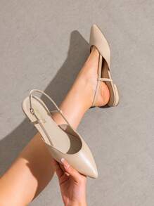 Women Flats Slingback Pointed Toe Elegant Lady Ballet Flats With Adjustable Buckle Strap Chic Fashion Low Heel Dress Casual Work Office Party Shoes - Màu be - Xem 1