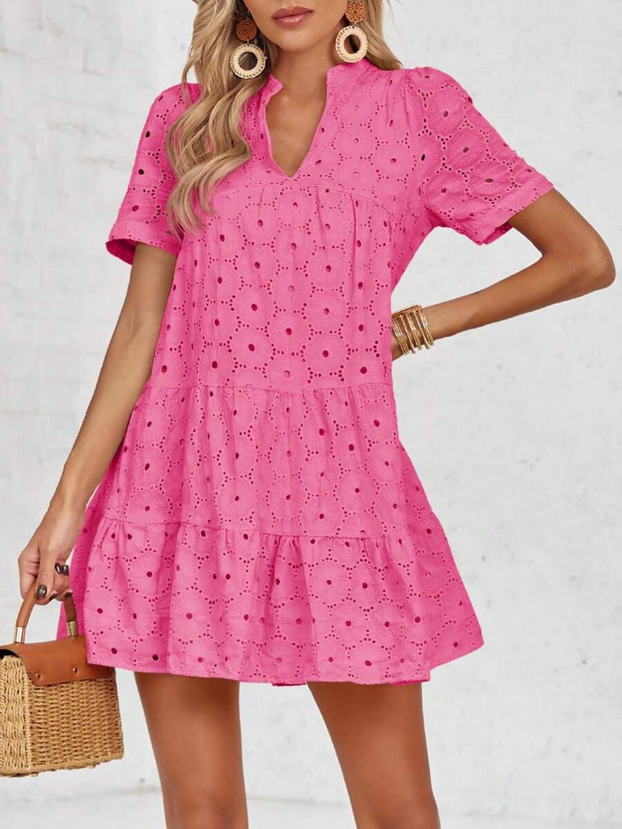 Vestido de verano con encaje y ojales para mujer de Larisa, estilo babydoll fluido, con escote en V y manga corta - Rosa Fucsia - Ver 1