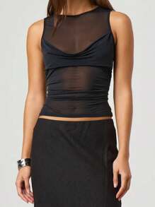 Women Sheer Mesh Top Long Sleeve Y2k See Through Crop Tee Shirt Ruched Cowl Neck Going Out Tops - 黑色 - 查看 1