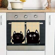 2 件套黑猫格纹图案手巾、日常厨房洗碗巾、家居装饰茶巾