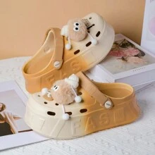 女士休闲一脚蹬厚底木屐，时尚穆勒鞋，防滑，卡通印花，适合春夏季，适合海滩、户外、工作、育儿 - 米色 - 查看 1