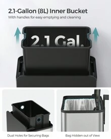SONGMICS Hanging Trash Can, 2.1-Gallon (8 L) Small Kitchen Garbage Can With Lid, Cabinet Door Hanging Or Wall-Mounted With Hooks, For Under Sink, Bathrooms