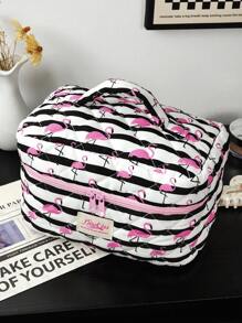 1pc Beautiful Black And White Striped Pink Flamingoquilted Makeup Bag.Valentines Travel Make Up Bag, Multifunctional Cosmetics Bag.Handheld Bathroom Wash Bag, Jewelry Storage Bag, Perfume Skin Care Storage Bag, Brush Bag, Sanitary Napkin Bag - Black and White - View 6