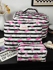 1pc Beautiful Black And White Striped Pink Flamingoquilted Makeup Bag.Valentines Travel Make Up Bag, Multifunctional Cosmetics Bag.Handheld Bathroom Wash Bag, Jewelry Storage Bag, Perfume Skin Care Storage Bag, Brush Bag, Sanitary Napkin Bag - Black and White - View 1