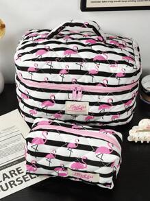 1pc Beautiful Black And White Striped Pink Flamingoquilted Makeup Bag.Valentines Travel Make Up Bag, Multifunctional Cosmetics Bag.Handheld Bathroom Wash Bag, Jewelry Storage Bag, Perfume Skin Care Storage Bag, Brush Bag, Sanitary Napkin Bag - Black and White - View 4