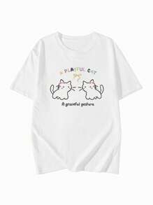 夏季新款女式可爱猫咪印花圆领休闲青少年短袖 T 恤 - 白色 - 查看 2