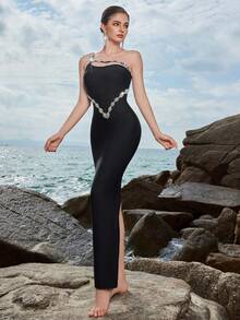 ADYCE 女士水钻装饰不对称领口无袖高腰露背正式晚礼服、派对礼服、婚礼宾客礼服、晚礼服