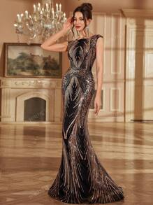 Vestido de noche formal elegante de longitud hasta el suelo con adornos de lentejuelas, vestido de fiesta con silueta entallada para mujeres, vestido para invitada a una boda