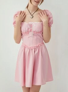 Women's Off Shoulder Layer Ruffle Dress Bow Tie Short Sleeves Corset Mini Dress Flowy Pirate Dress Fairy Costume For Beach Cocktail Party Summer Streetwear - Hồng - Xem 6