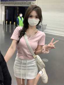 夏季韩版优雅纽扣设计简约休闲短袖T恤女 - 粉色 - 查看 5