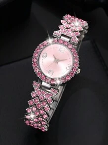 6pcs Ladies' Pink Watch Gorgeous And Fashionable Quartz Watch Set With Rhinestones And Rhinestones, Bracelet Necklace, Earrings, Ring, Alloy Jewelry Set