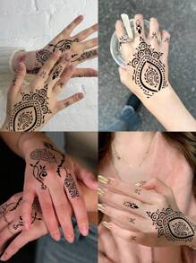 海娜临时纹身模板，蕾丝花图案人体彩绘海娜纹身，适用于手部、足部、身体皮肤，防水假纹身模板套装，男女通用 - 黑色 - 查看 5