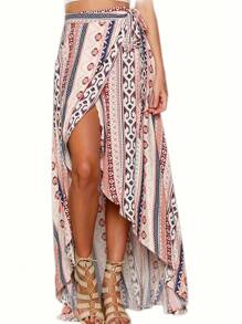 Women Boho Print High Waist Side Wrap Bohemian Asymmetric Hem Maxi Long Skirt - 花色 - 查看 1