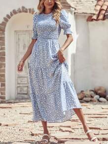 Women Casual Summer Crew Neck Ruffle Short Sleeve Floral Print Polka Dots Smocked Dress Button Keyhole Back Spring Boho Bohemia Tropical Flowy Beach Holiday Vacation Valentine Long Maxi Dress - 淺藍色波點 - 查看 3