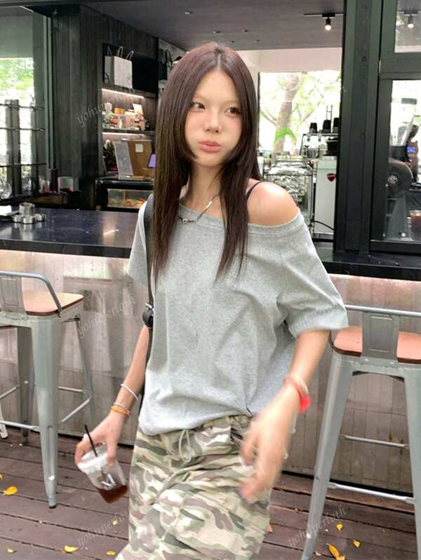Solid Color Short Sleeve T-Shirt, Loose Slouchy Off-Shoulder Off Shoulder Lightweight Breathable Blouse