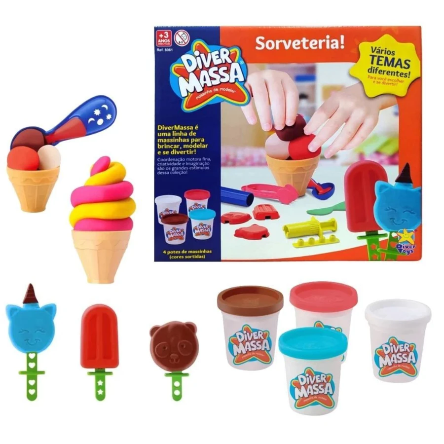 Kit Sorveteria Massinha Modelar Infantil C/ Acessórios Diver Massa - DiverToys 8061 - Multicolorido - Visão 1